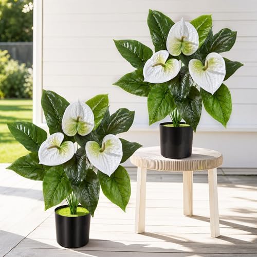 Anthurium Artificial Flowers with Pots, 2 Pack Fake Flowers Potted Faux Outdoor Plants, UV Resistant Realistic, alternate