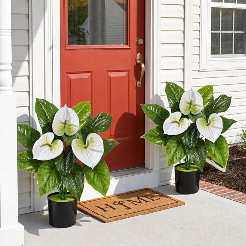 Anthurium Artificial Flowers with Pots, 2 Pack Fake Flowers Potted Faux Outdoor Plants, UV Resistant Realistic, alternate