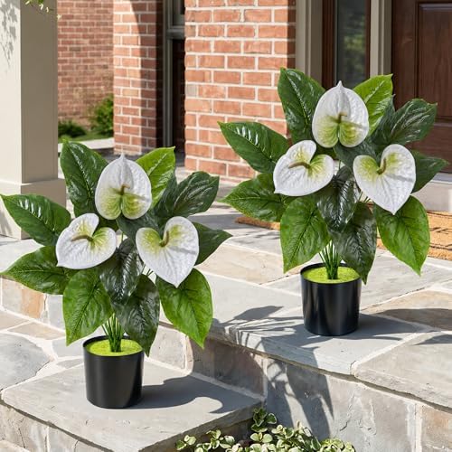 Anthurium Artificial Flowers with Pots, 2 Pack Fake Flowers Potted Faux Outdoor Plants, UV Resistant Realistic, alternate
