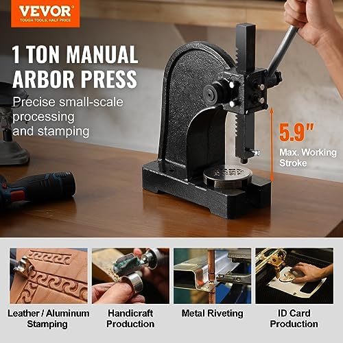 Arbor Press, 1 Ton Manual Arbor Press, 5.9" Maximum Height, Cast Iron Heavy-Duty Manual Desktop Arbor Press, alternate view 2