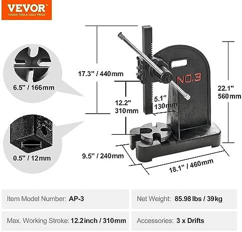 Arbor Press, 3 Ton Manual Arbor Press, 12.2" Maximum Height, Cast Iron Heavy-Duty Manual Desktop Arbor Press, alternate view