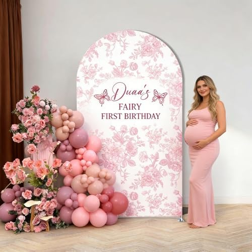 Arch Backdrop Cover Baby in Bloom Baby Shower Elastic Spandex Fabric Blue Pink Flower Floral Bows Girl Birthday, alternate
