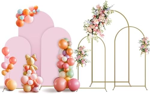 Arch Backdrop Stand and Cover Set, 3 Metal Balloon Arch Backdrop 4ft 5ft 6ft, Gold Arched Stand Frame for