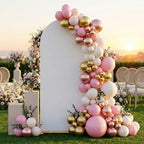 Arch Backdrop Stand and Cover Set, 7.2 x 4FT Gold Metal Wedding Arch for Ceremony, Heavy Duty Balloon Arch Stand