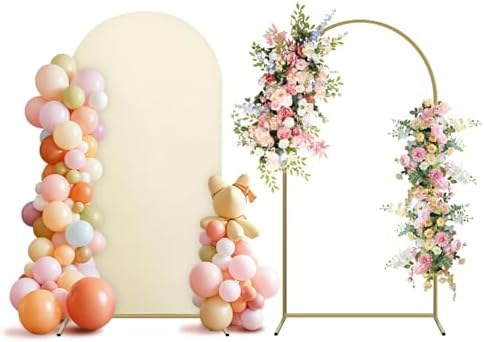 Arch Backdrop Stand and Cover Set, Metal Balloon Arch Backdrop 7.2ft, Gold Arched Stand Frame for Wedding