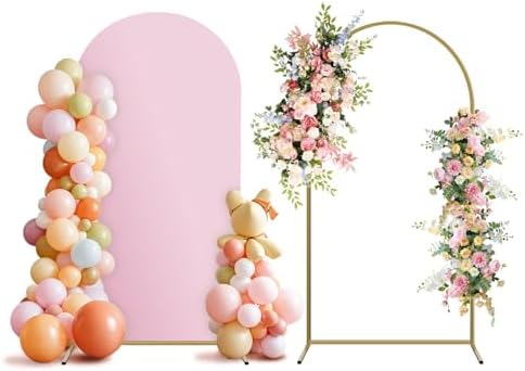 Arch Backdrop Stand and Cover Set, Metal Balloon Arch Backdrop 7.2ft, Gold Arched Stand Frame for Wedding