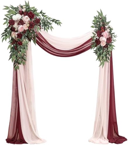Arch Flowers with Drapes Kit (Pack of 4) - 2pcs Artificial Burgundy & Blush Floral Swag Arrangement with 2pcs