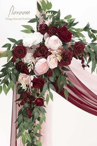 Arch Flowers with Drapes Kit (Pack of 4) - 2pcs Artificial Burgundy & Blush Floral Swag Arrangement with 2pcs, alternate view