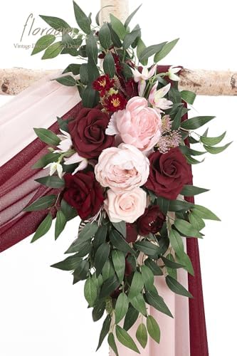 Arch Flowers with Drapes Kit (Pack of 4) - 2pcs Artificial Burgundy & Blush Floral Swag Arrangement with 2pcs, alternate view