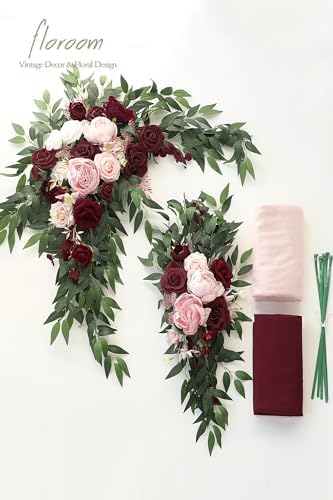 Arch Flowers with Drapes Kit (Pack of 4) - 2pcs Artificial Burgundy & Blush Floral Swag Arrangement with 2pcs, alternate view
