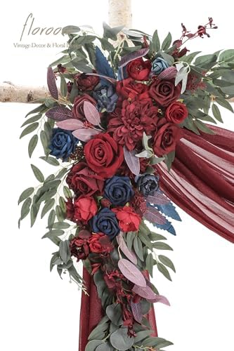 Arch Flowers with Drapes Kit (Pack of 4) - 2pcs Artificial Burgundy & Navy Blue Floral Swag Arrangement with, alternate view