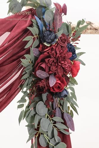Arch Flowers with Drapes Kit (Pack of 4) - 2pcs Artificial Burgundy & Navy Blue Floral Swag Arrangement with, alternate view
