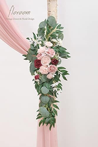 Arch Flowers with Drapes Kit (Pack of 4) - 2pcs Artificial Dusty Rose & Burgundy Floral Swag Arrangement with, alternate view