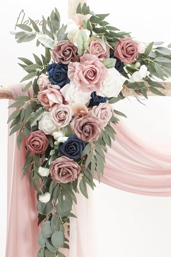 Arch Flowers with Drapes Kit (Pack of 4) - 2pcs Artificial Dusty Rose & Navy Blue Floral Swag Arrangement with, alternate
