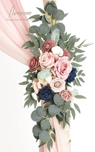 Arch Flowers with Drapes Kit (Pack of 4) - 2pcs Artificial Dusty Rose & Navy Blue Floral Swag Arrangement with, alternate