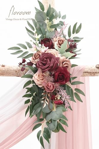 Arch Flowers with Drapes Kit (Pack of 4) - 2pcs Artificial Marsala & Champagne Floral Swag Arrangement with 2pcs, alternate