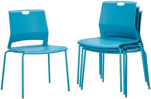 Armless Stacking Chairs Set of 4, Heavy Duty Metal Frame, Blue in Blue