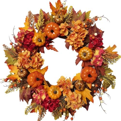 Artificial 20 Inch Autumn Front Door Wreath with Pumpkin Hydrangea Berry Maple Leaves - Fall Farmhouse Orange