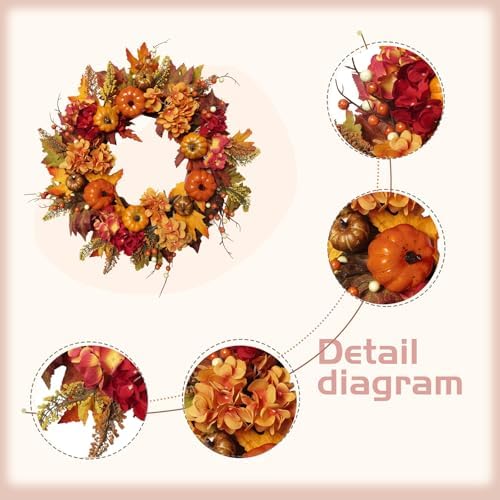 Artificial 20 Inch Autumn Front Door Wreath with Pumpkin Hydrangea Berry Maple Leaves - Fall Farmhouse Orange, alternate view