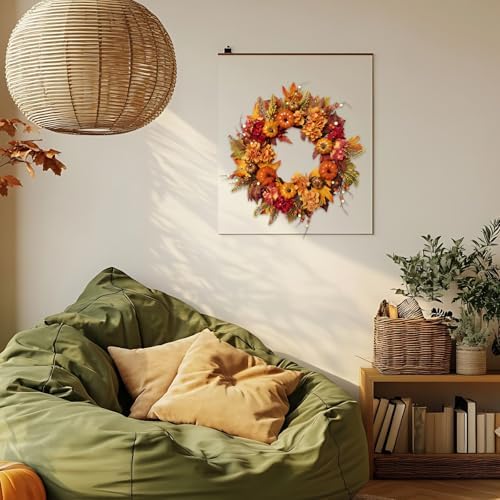 Artificial 20 Inch Autumn Front Door Wreath with Pumpkin Hydrangea Berry Maple Leaves - Fall Farmhouse Orange, alternate view