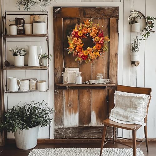 Artificial 20 Inch Autumn Front Door Wreath with Pumpkin Hydrangea Berry Maple Leaves - Fall Farmhouse Orange, alternate view
