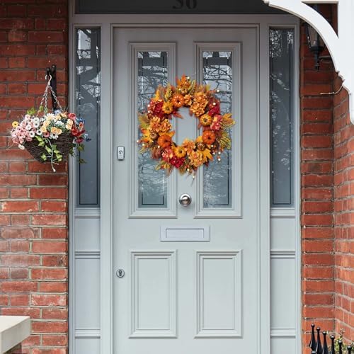 Artificial 20 Inch Autumn Front Door Wreath with Pumpkin Hydrangea Berry Maple Leaves - Fall Farmhouse Orange, alternate view