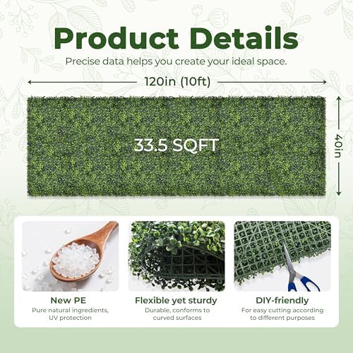 Artificial 40x120 in (33.5 Sqft) Boxwood Grass Wall Backdrop Roll, alternate view 2