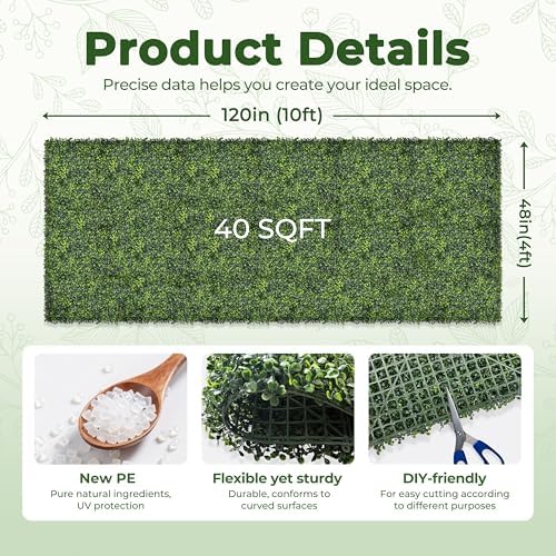 Artificial 48x120 in (40 Sqft) Boxwood Grass Wall Backdrop Roll, alternate view 2