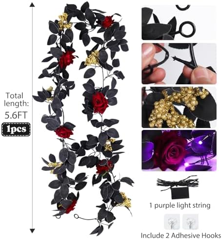 Artificial Black Garland with Purple Light, Red Roses Garland, alternate view 3