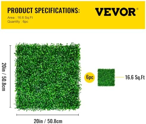 Artificial Boxwood Panel 6pcs, 20 x 20 in 1.6 in Sun Protected Boxwood Hedge Wall Panels, Artificial Grass, alternate view 3