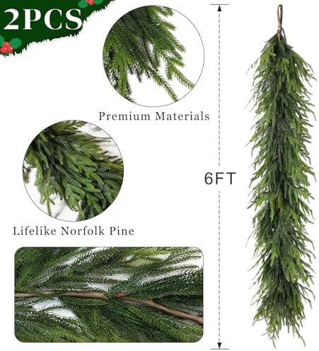 Artificial Christmas Garland, Faux Norfolk Pine for Mantle Decor (6FT 2PCS), alternate view 6