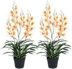 Artificial Dendrobium Orchid with Black Pot, Orange-Red Fake Orchid, Fake Plants for Dining Room, Farmhouse &