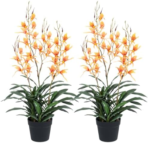 Artificial Dendrobium Orchid with Black Pot, Orange-Red Fake Orchid, Fake Plants for Dining Room, Farmhouse &