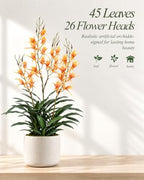 Artificial Dendrobium Orchid with Black Pot, Orange-Red Fake Orchid, Fake Plants for Dining Room, Farmhouse &, alternate view