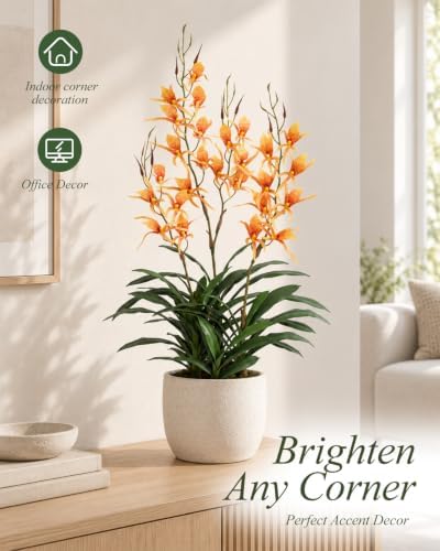 Artificial Dendrobium Orchid with Black Pot, Orange-Red Fake Orchid, Fake Plants for Dining Room, Farmhouse &, alternate view