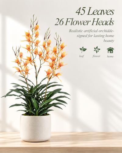 Artificial Dendrobium Orchid with Black Pot, Orange-Red Fake Orchid, Fake Plants for Dining Room, Farmhouse &, alternate view