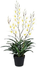 Artificial Dendrobium Orchid with Black Pot, White-Yellow Fake Orchid, Artificial Flowers for Entryway, Living