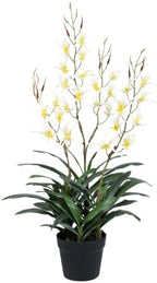 Artificial Dendrobium Orchid with Black Pot, White-Yellow Fake Orchid, Artificial Flowers for Entryway, Living