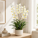 Artificial Dendrobium Orchid with Black Pot, White-Yellow Fake Orchid, Artificial Flowers for Entryway, Living, alternate