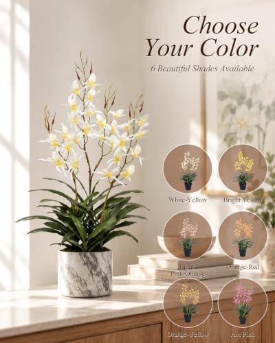 Artificial Dendrobium Orchid with Black Pot, White-Yellow Fake Orchid, Artificial Flowers for Entryway, Living, alternate