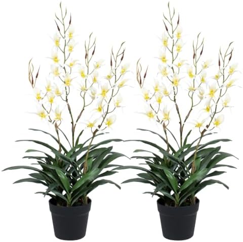 Artificial Dendrobium Orchid with Black Pot, White-Yellow Fake Orchid, Artificial Flowers for Entryway, Living