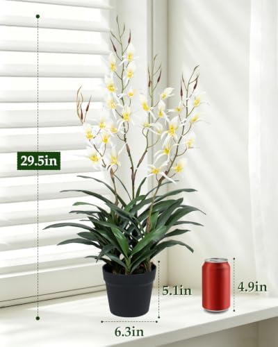 Artificial Dendrobium Orchid with Black Pot, White-Yellow Fake Orchid, Artificial Flowers for Entryway, Living, alternate