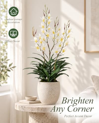 Artificial Dendrobium Orchid with Black Pot, White-Yellow Fake Orchid, Artificial Flowers for Entryway, Living, alternate