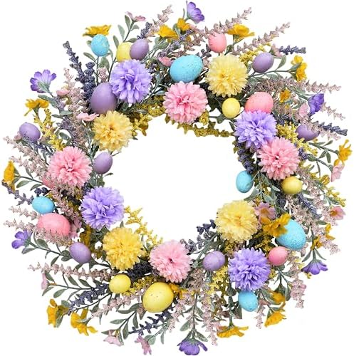 Artificial Easter Wreath 20 Inch Easter Wreaths for Front Door with Colorful Eggs Yellow Daisy Purple Lavender