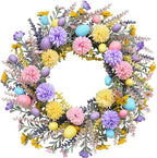 Artificial Easter Wreath 20 Inch Easter Wreaths for Front Door with Colorful Eggs Yellow Daisy Purple Lavender