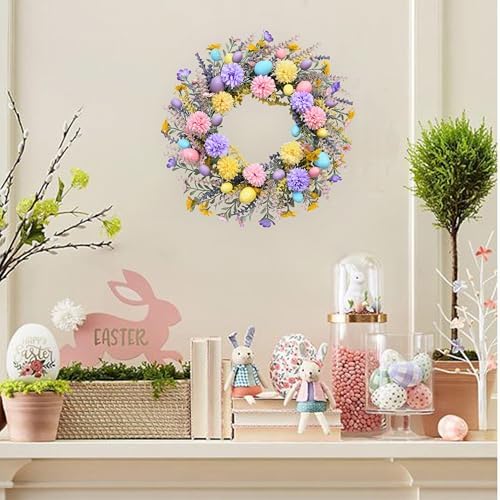 Artificial Easter Wreath 20 Inch Easter Wreaths for Front Door with Colorful Eggs Yellow Daisy Purple Lavender, alternate