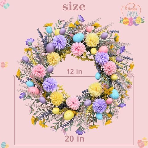 Artificial Easter Wreath 20 Inch Easter Wreaths for Front Door with Colorful Eggs Yellow Daisy Purple Lavender, alternate