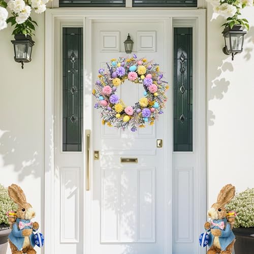 Artificial Easter Wreath 20 Inch Easter Wreaths for Front Door with Colorful Eggs Yellow Daisy Purple Lavender, alternate