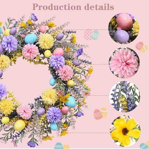 Artificial Easter Wreath 20 Inch Easter Wreaths for Front Door with Colorful Eggs Yellow Daisy Purple Lavender, alternate