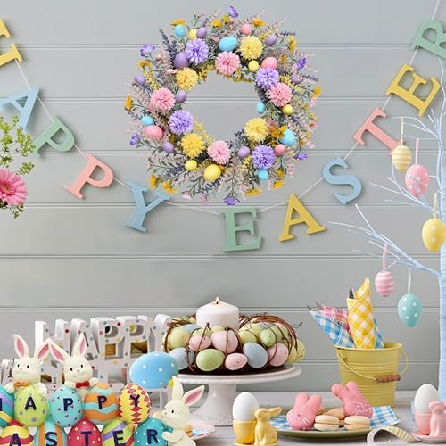 Artificial Easter Wreath 20 Inch Easter Wreaths for Front Door with Colorful Eggs Yellow Daisy Purple Lavender, alternate